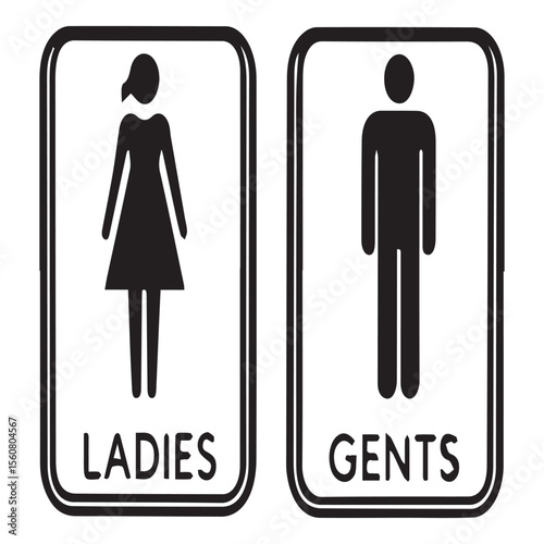 Simple black and white icons representing ladies and gents restroom signs