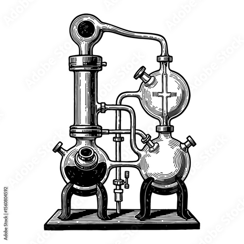 Retro Distillation Apparatus Black and White Outline Line Art Drawing for Laboratory Science