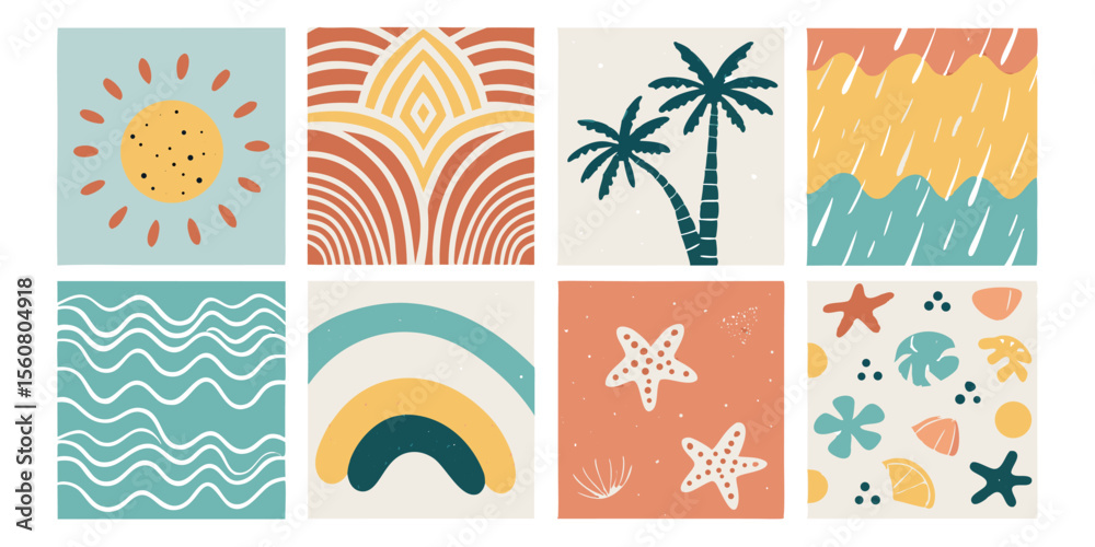 Obraz premium Set of eight minimalist vector illustrations with sun, palm trees, waves, and starfish