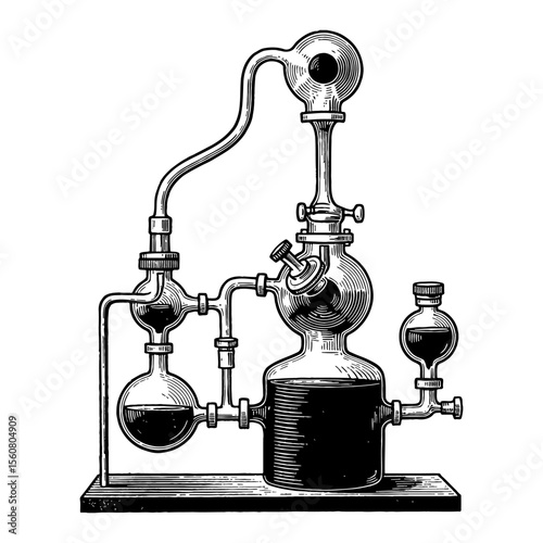 Vintage Distillation Apparatus Laboratory Equipment Black and White Outline Line Art Drawing