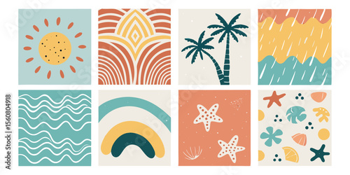 Set of eight minimalist vector illustrations with sun, palm trees, waves, and starfish