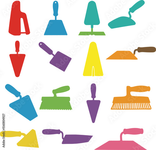 Construction Trowel Tools Collection: Colorful Equipment for Masonry, Plastering, Gardening, and Building Renovation Projects.