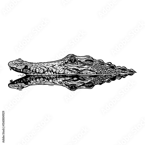 Crocodile Head Submerged in Water with Ripple and Reflection Black and White Outline Line Art Drawing Engraving Style