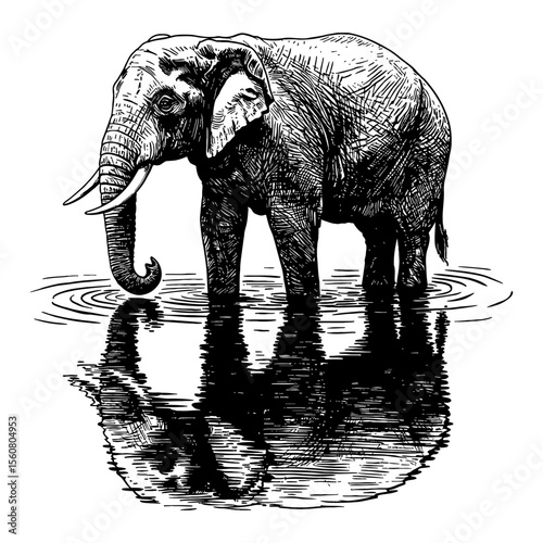Majestic Elephant Standing in Water with Ripple and Reflection Black and White Outline Line Art Drawing