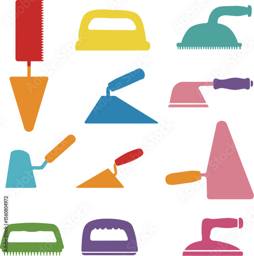 Construction Trowel Tools Collection: Colorful Equipment for Masonry, Plastering, Gardening, and Building Renovation Projects.
