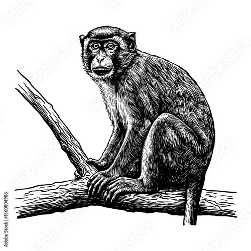 Monkey Sitting on a Tree Branch Black and White Outline Line Art Drawing Vintage Engraving Style