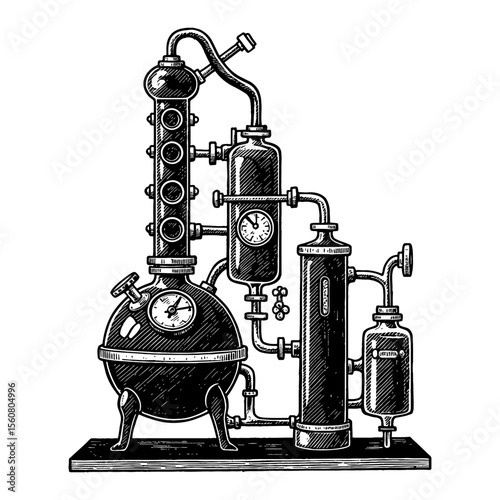 Complex Distillation Apparatus Steampunk Style Black and White Outline Line Art Drawing Vintage Industrial Equipment