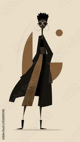 Stylish black woman posing in modern abstract fashion illustration  
