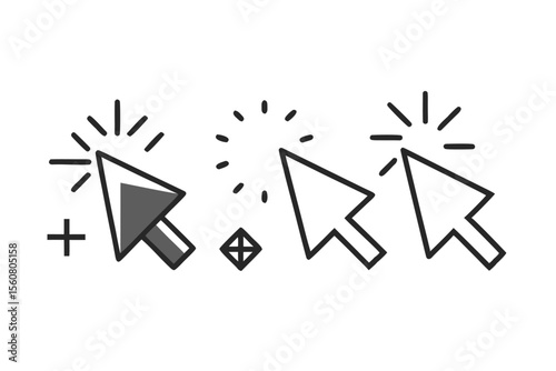 Set of three cursor icons with radiating lines and a plus symbol