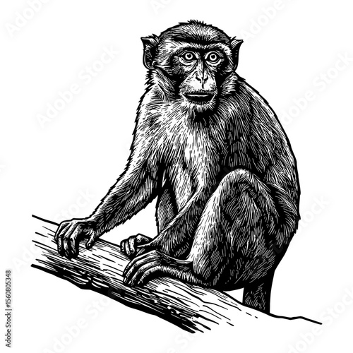 Detailed Monkey Sitting on a Tree Branch Black and White Outline Line Art Drawing Vector Illustration