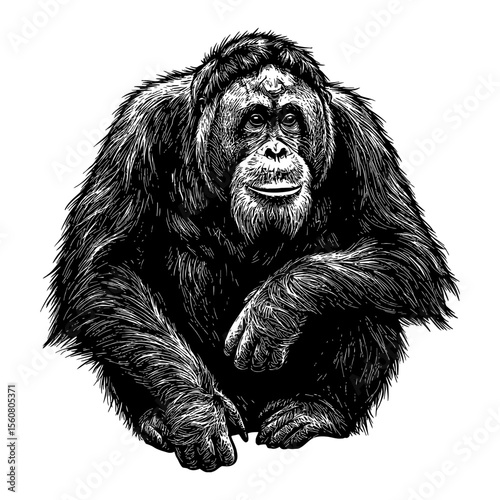 Majestic Orangutan Full Shot Sitting Front View Detailed Engraved Style Black and White Outline Line Art Drawing Illustration