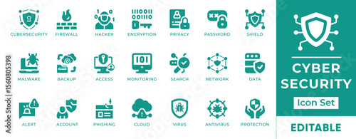 Cyber Security Icon Set. Features icons of data protection, firewall, encryption, password, privacy, and hacking. Perfect for IT, cybersecurity, and digital businesses.