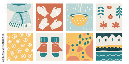 Seasonal Vector Icons: Scarves Mittens Soup Leaves Snowflakes Socks Abstract Houses