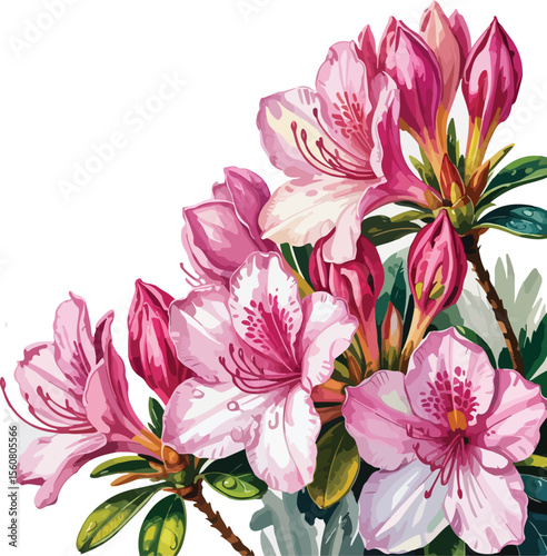 A corner arrangement of pink azalea flowers and buds illustration