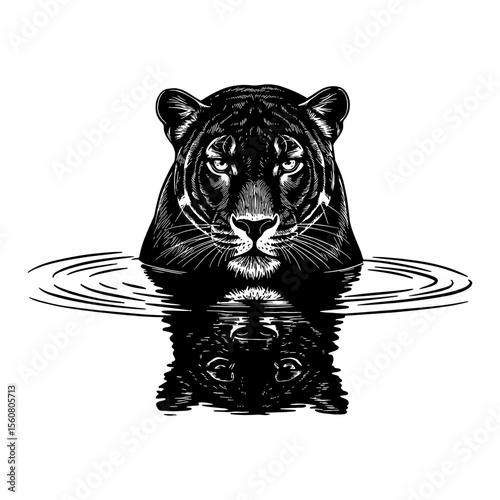 Panther in Water with Ripple and Reflection Front View Black and White Outline Line Art Drawing