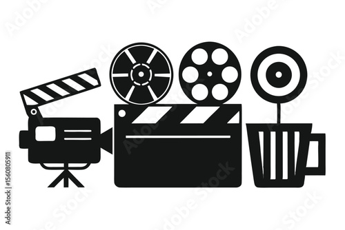 Black silhouette of a vintage film camera and a clapperboard on a white background