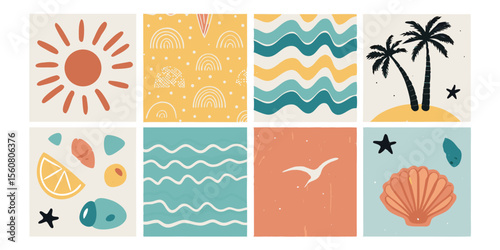 Tropical vector icons set sun waves palm trees seashell starfish fruit
