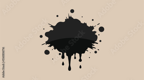 Black ink splatter with drips and dots against a neutral beige background
