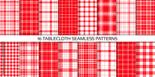 Check red tablecloth. Plaid seamless pattern. Checkered background. Set tartan kitchen prints. Vichy gingham cloth textures. Christmas cotton fabric. Collection textile backdrops. Vector illustration.