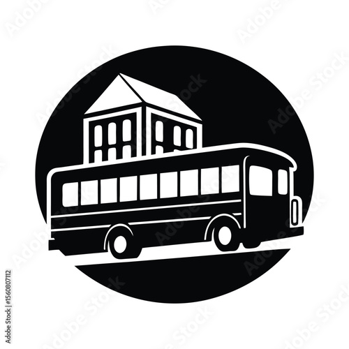 Bus arriving at school silhouette vector illustration