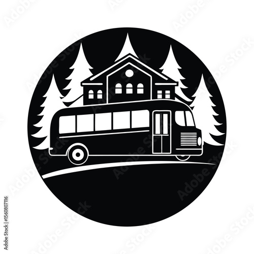 Bus arriving at school silhouette vector illustration