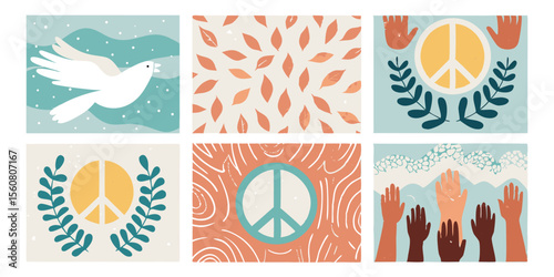 Vector illustrations of doves peace symbols hands and leaves in muted colors