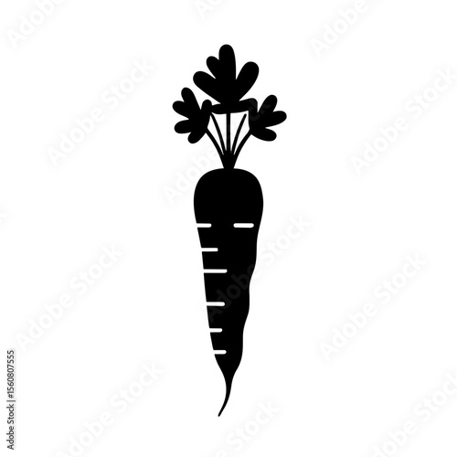 Minimalist black silhouette of a carrot with leafy top on white background