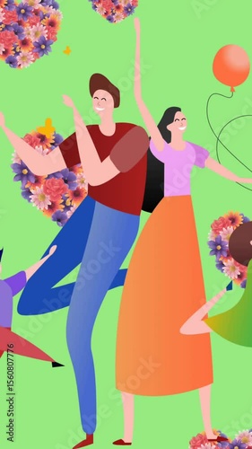 Animation of illustration of happy family dancing with balloons and floral hearts, on green