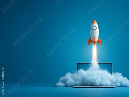 Rocket coming out of laptop screen, blue background. AI digital illustration Generated image