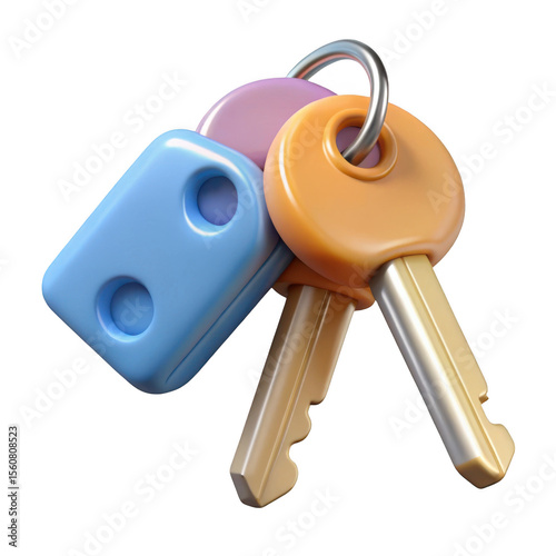 Set of colorful keys and fob isolated on transparent background