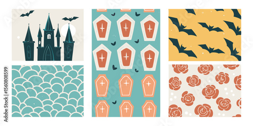 Halloween Illustration Set Featuring Castle Coffins Bats and Floral Patterns