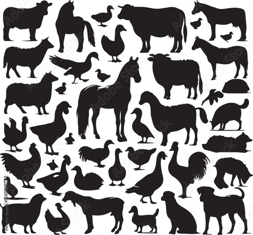 Collection of Farm Animal Silhouettes Cows, Horses, Sheep, Chickens, and More
