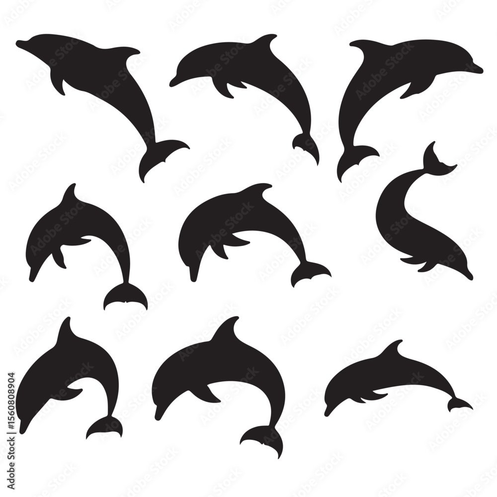 Naklejka premium Collection of Dolphin Silhouettes Leaping, Jumping, Ocean Wildlife Vector Art