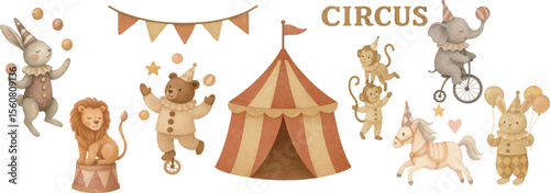 Vector freehand watercolor clipart of children's illustrations of cute circus animals. Hand drawn for design, postcards, fabric, stickers, and posters