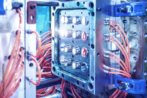 Close-up of an industrial plastic injection molding machine with bright orange cables attached to metallic components. High-tech manufacturing concept