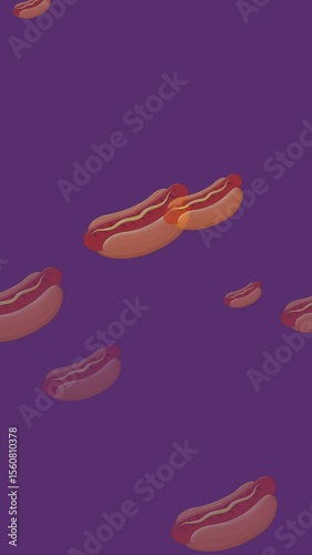 Animation of falling hot dogs icons on purple background