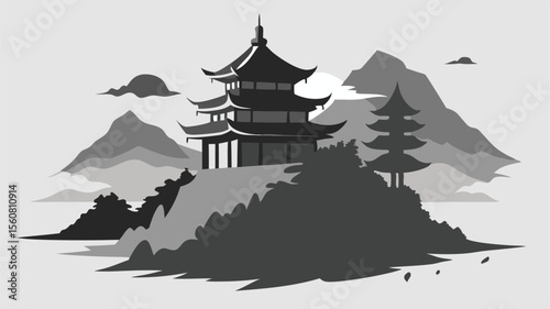 Minimalist black and white illustration of a japanese pagoda in a landscape