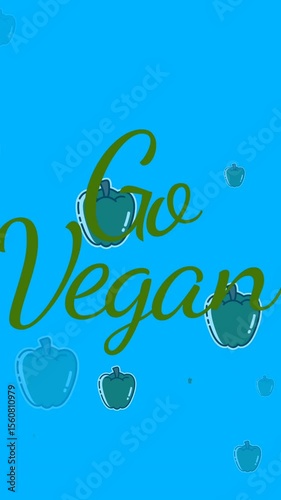 Animation of go vegan over peppers on blue background