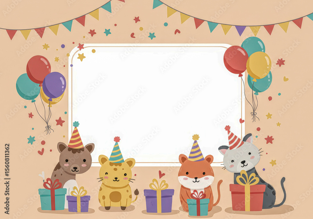Obraz premium Four adorable cartoon animals wearing party hats with colorful balloons and gifts. Creative blank frame for birthday greeting card.