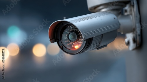 A security camera is mounted on a building, focusing on the urban street below. It captures the vibrant evening atmosphere with blurred city lights in the background.