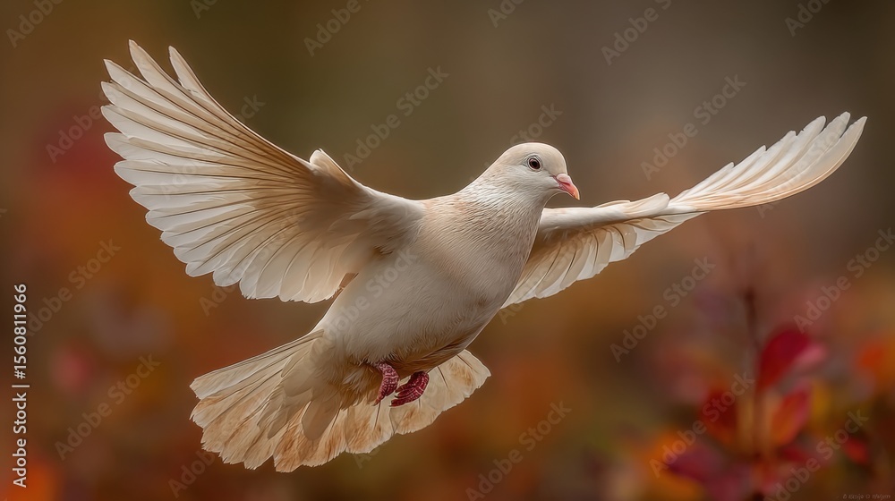 Obraz premium A white dove spreads its wings while flying over vibrant autumn leaves during sunset. The warm colors of the background enhance the tranquil atmosphere of the moment.