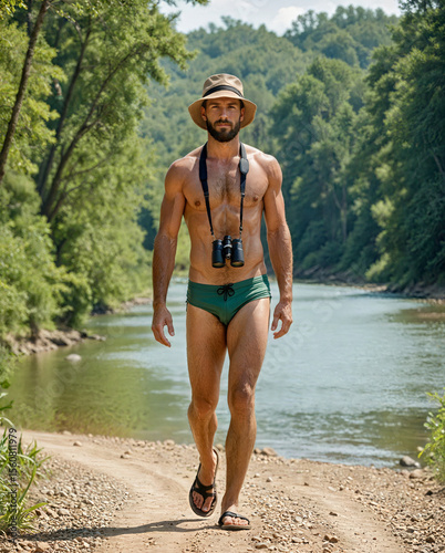 Man with beard wearing green speedo brief style swimsuit and binoculars walks along a riverbank in the summer