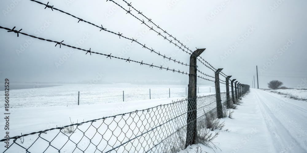 custom made wallpaper toronto digitalWinter Border Fence Barbed Wire, Chain Link, Snowscape, Cold, Isolation Keywords Barbed Wire, Winter Landscape