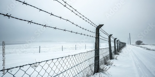 Wallpaper Mural Winter Border Fence Barbed Wire, Chain Link, Snowscape, Cold, Isolation Keywords Barbed Wire, Winter Landscape Torontodigital.ca