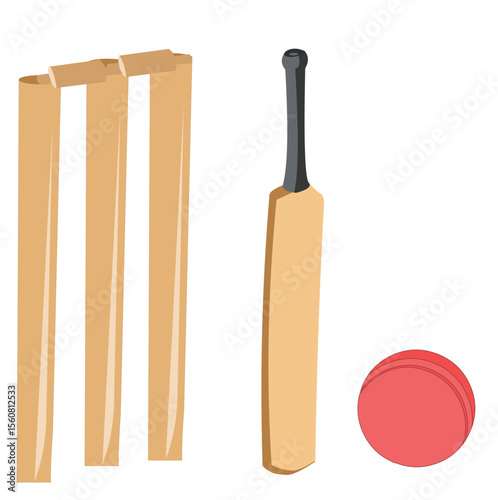 Cricket Equipment Illustration Stumps, Bat, and Ball