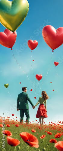 Valentines day. Couple with heart shaped balloons outdoors