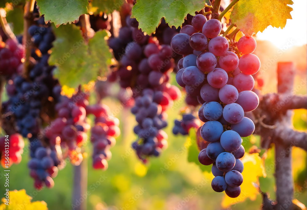 Fototapeta premium Vine grapes on tree at sunset