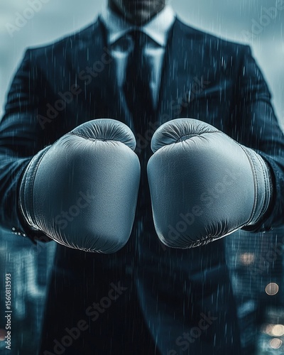 Businessman in boxing gloves standing in the rain, symbolizing resilience and strength in challenging times