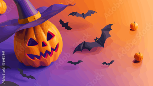 Halloween pumpkin with bats and decorative elements on gradient background  
