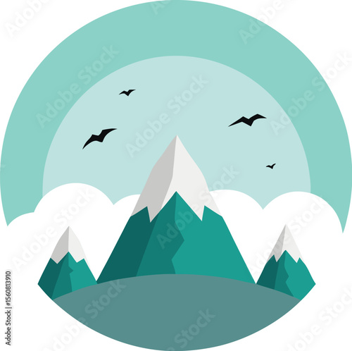 Mountain Peaks with Birds in Sky